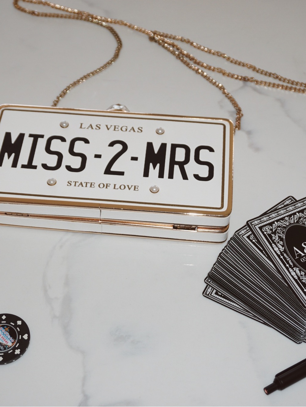 Aldo White and Gold 'Miss-2-Mrs' License Plate Clutch - Picture 5 of 7